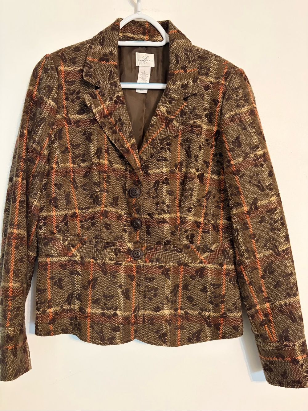 Emma James Women’s Brown Plaid Blazer with Rust Accents Size 8 Wool Blend Fall